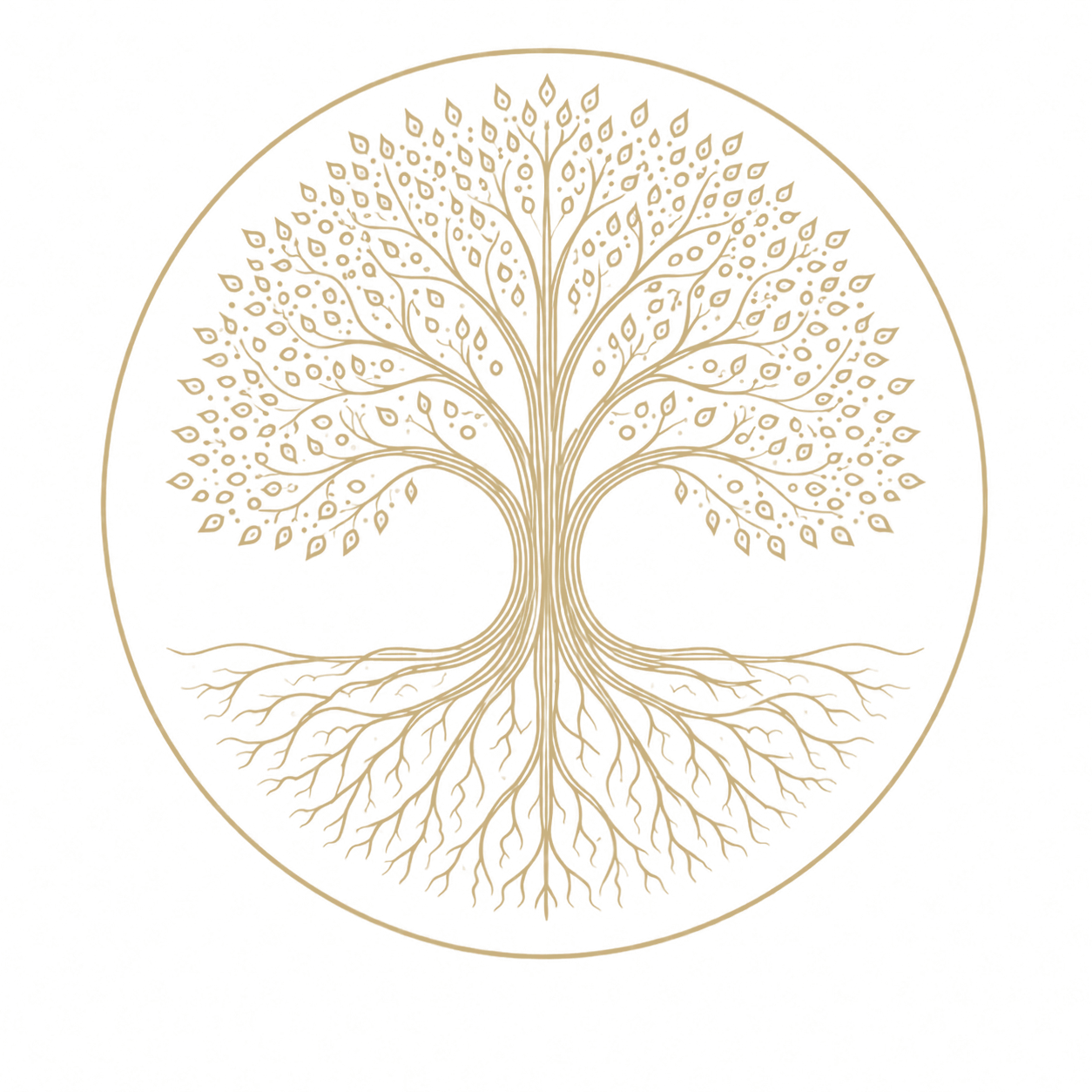 Gold-line emblem of a world tree with roots and branches inside a circle, flanked by sun and moon medallions